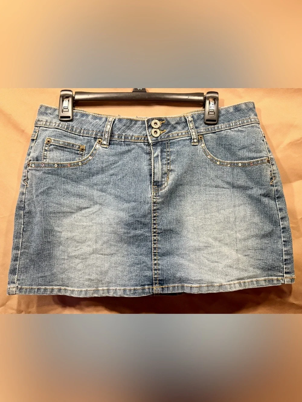 Vintage Y2K Angels Rhinestone Bedazzled Denim Mini Skirt 13, great condition!